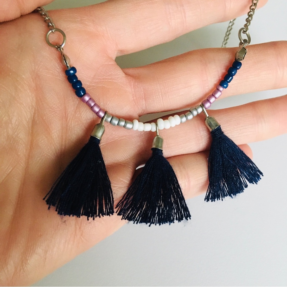 Navy Blue Tassel Beaded Necklace